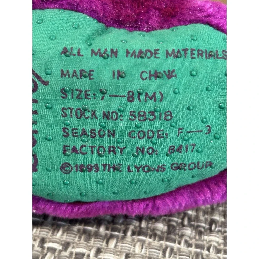 Vintage Barney The Dinosaur Slippers Plush 90s Kids Size 7-8 Purple Green 1993